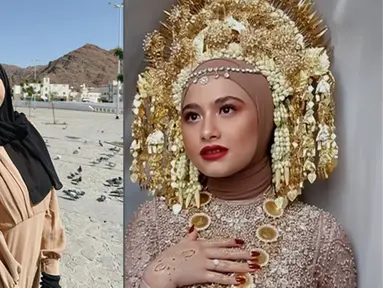 Faye Nicole tampil berhijab di hari pernikahannya. Penampilan barunya itu pun membuat publik pangling. Aktris kelahiran 1999 itu resmi dipersunting kekasihnya bernama Juno. Di acara resepsi pernikahan, Faye tampil menawan kenakan busana adat Minang berwarna cokelat. (Liputan6.com/IG/@fayenicolee_)