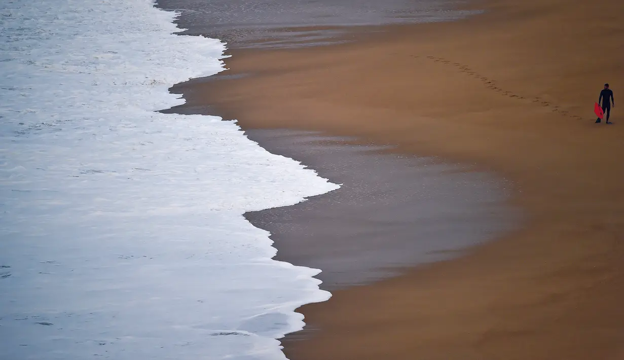 Seorang peselancar berjalan di pinggir pantai menunggu ombak besar saat berselancar di Praia do Norte di Nazare, Portugal (19/11). (AFP/Patricia De Melo Moreira)