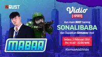 Main bareng RUST bersama Sonalibaba, Selasa (2/2/2021) pukul 19.00 WIB dapat disaksikan melalui platform streaming Vidio, laman Bola.com, dan Bola.net. (Dok. Vidio)