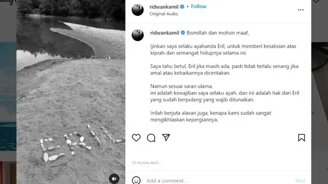 Gubernur Jawa Barat Ridwan Kamil menulis pesan haru sampaikan kebaikan sang anak, Emmeril Kahn Mumtadz atau Eril semasa hidup.