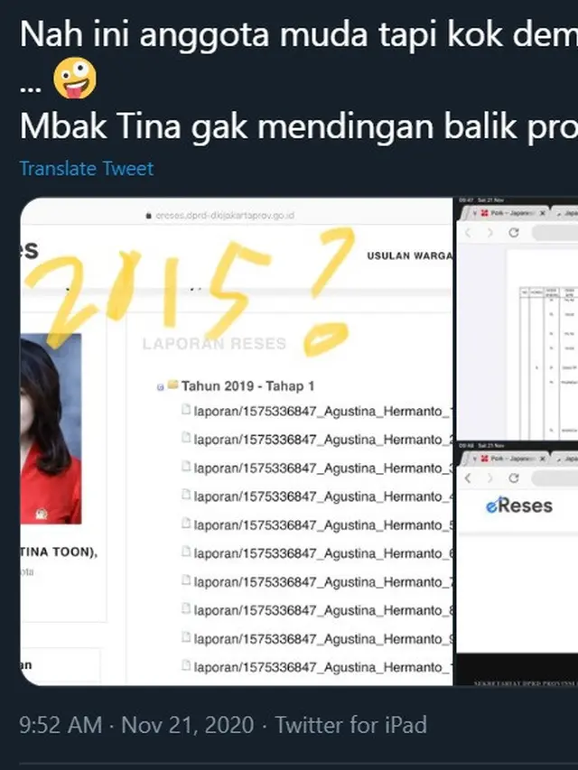 Cuitan warganet tentang laporan reses Tina Toon. (Twitter/ elisa_jkt)