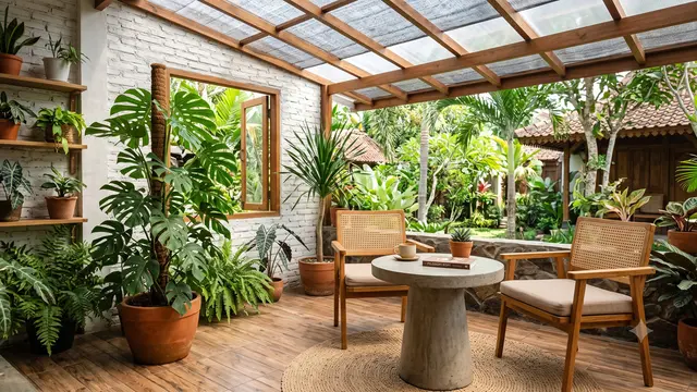 Ide Teras Rumah dengan Meja Semen dan Tanaman Monstera