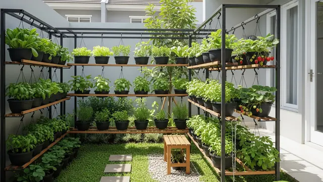 Model Desain Halaman Belakang Rumah Kecil dengan Pot Gantung Sayur dan Tanaman Rempah/ Ilustrasi AI