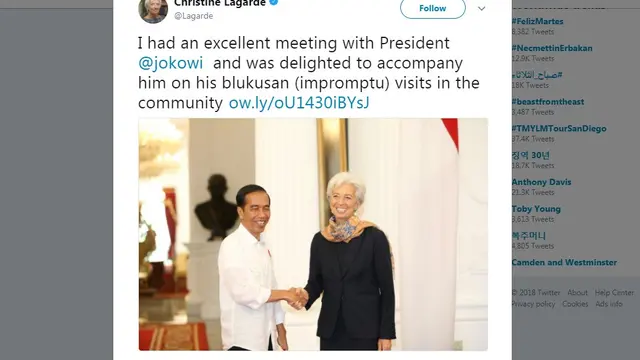 Managing Director International Monetary Fund (IMF) Christine Lagarde salah menyebut kata Blusukan menjadi Blukusan (twitter.com/@lagarde)