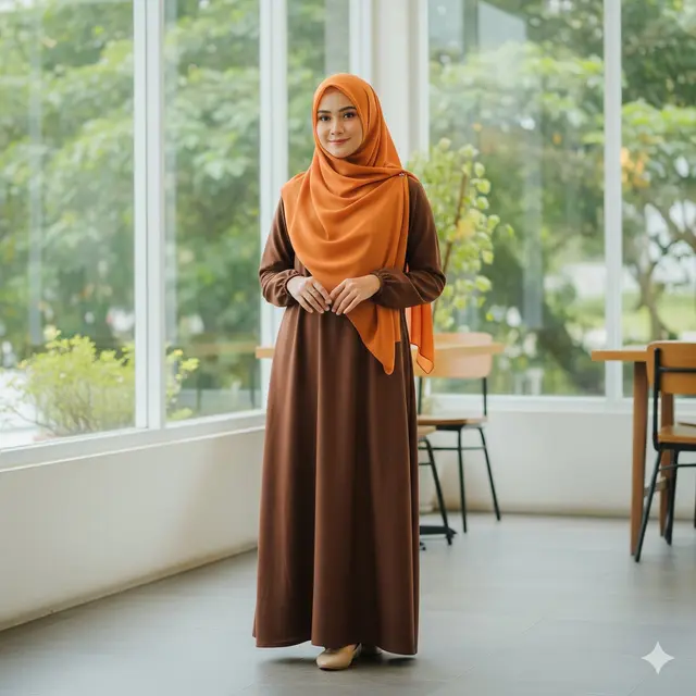 Dress Coklat Tua dengan Hijab Soft Orange