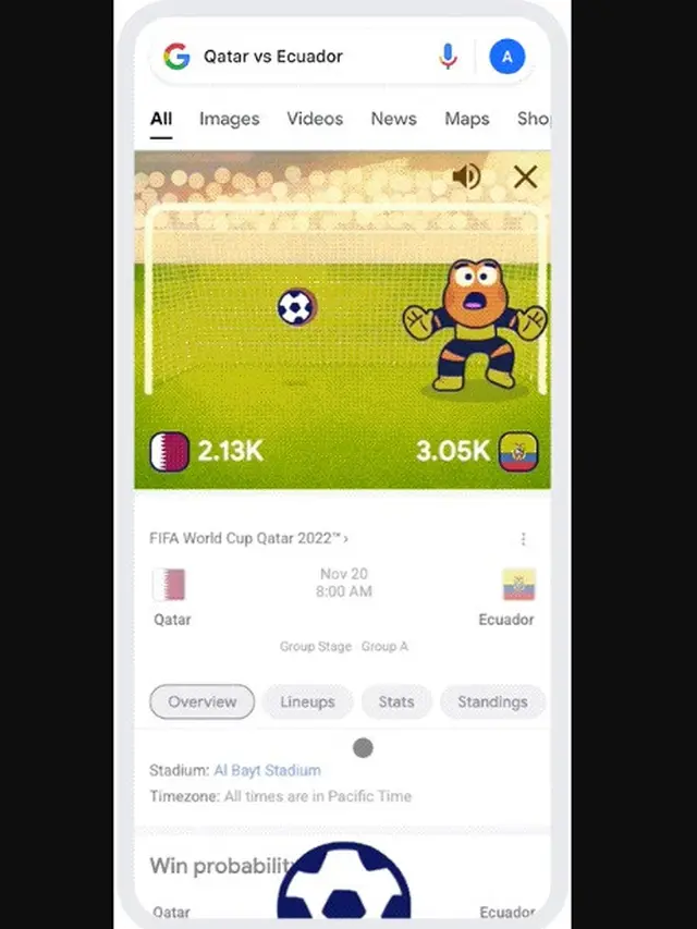 Tampilan minigame di aplikasi seluler Google untuk merayakan Piala Dunia 2022 Qatar