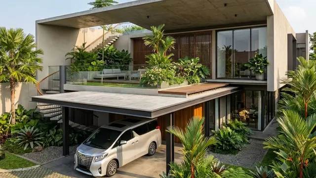 Carport di Bawah Balkon Lantai Dua