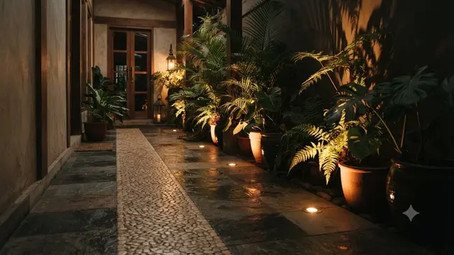 Desain Lorong Rumah dengan Lampu Tanam di Lantai