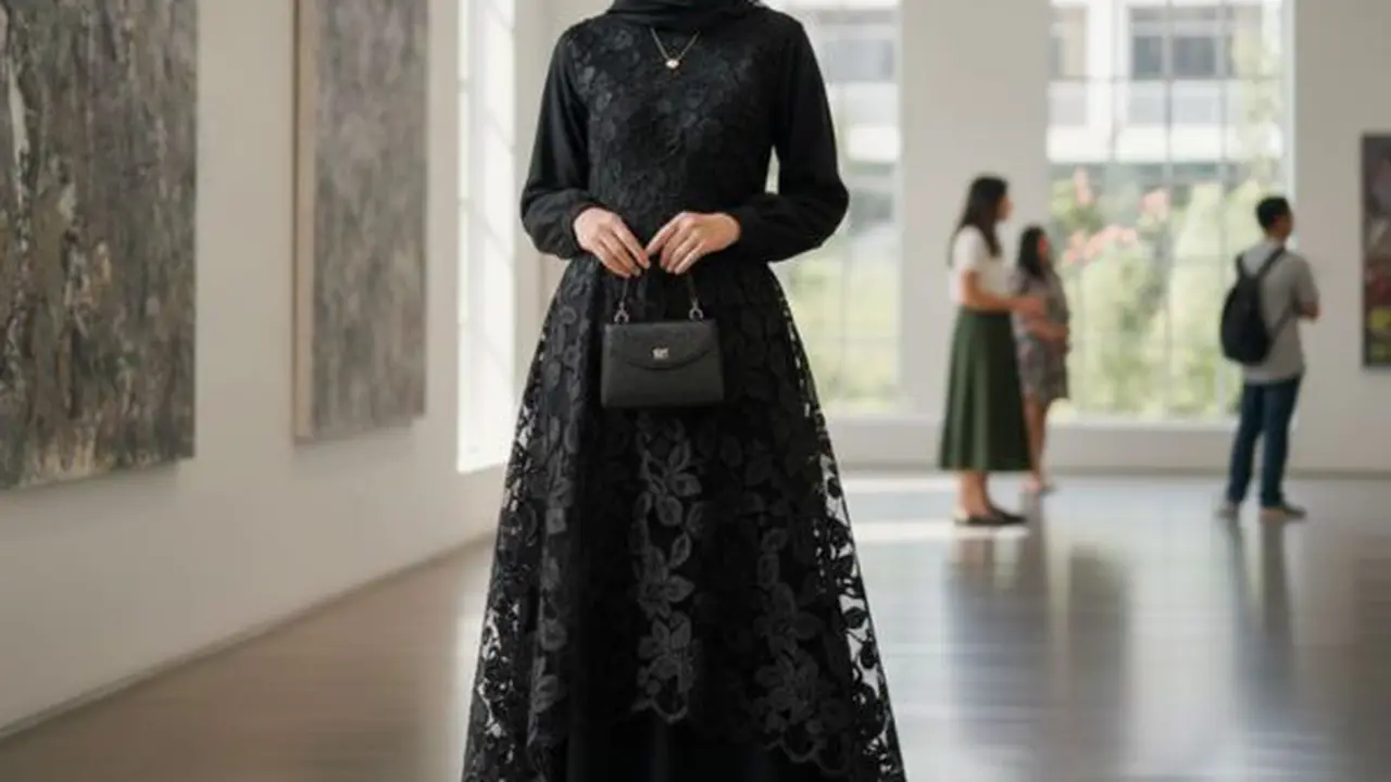 Gamis A-Line Hitam dengan Aksen Renda Manset/ Ilustrasi Gemini AI