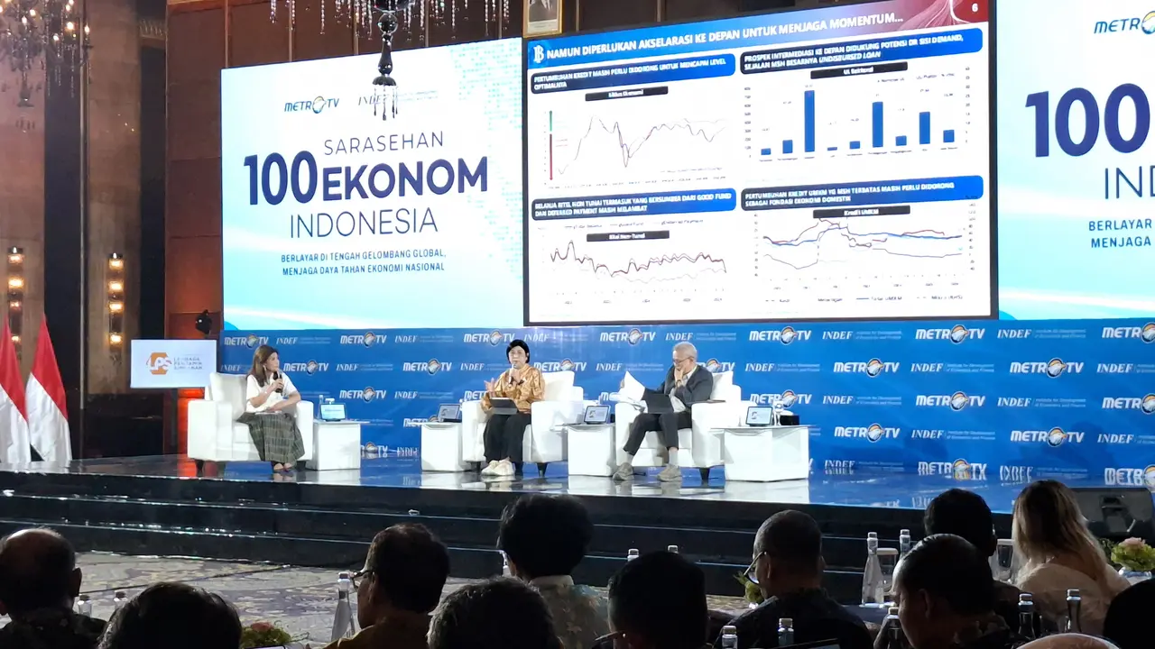 Gubernur Bank Indonesia (BI) Destry Damayanti dalam Sarasehan 100 Ekonom Indonesia di Grand Ballroom Kempinski, Jakarta, Kamis (3/9/2026). (Liputan6.com/Arief)