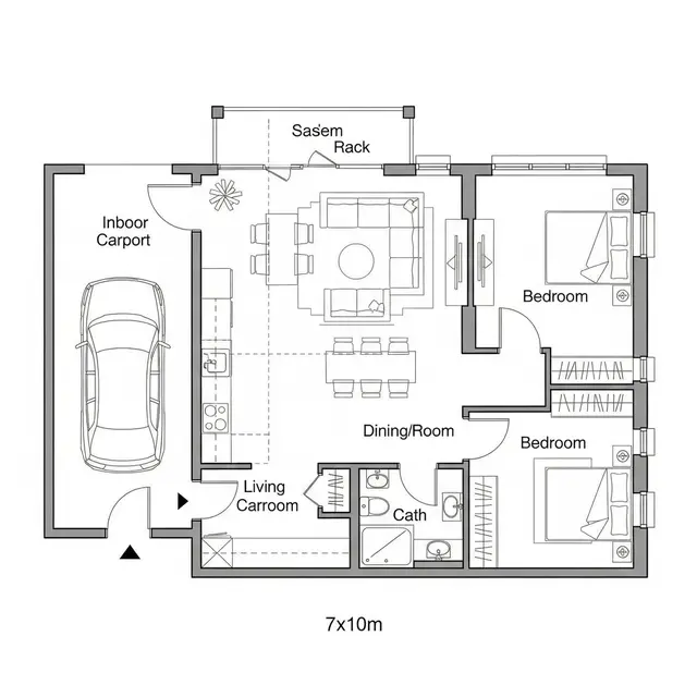 Inspirasi Denah Rumah Ukuran 7x10 Kamar 2 Sederhana. Foto: Gemini