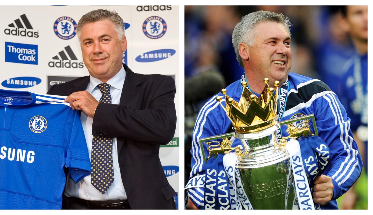 Carlo Ancelotti diangkat sebagai pelatih Chelsea pada tahun 2009 menggantikan Jose Mourinho. Ancelotti berhasil mengubah The Blues menjadi tim menyerang yang tak terkalahkan. Ia juga berhasil menorehkan berbagai rekor, termasuk jumlah gol terbanyak dalam satu musim (103 gol) dan selisih gol terbaik (+71). (Foto Kolase: AFP)