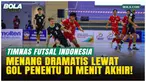 Timnas Futsal Indonesia menang dramatis 3-2 atas Australia di Nonthaburi Hall, 8 April 2026. Gol menit akhir Muhammad Sanjaya memastikan juara Grup B dan tiket semifinal ASEAN Futsal Championship.