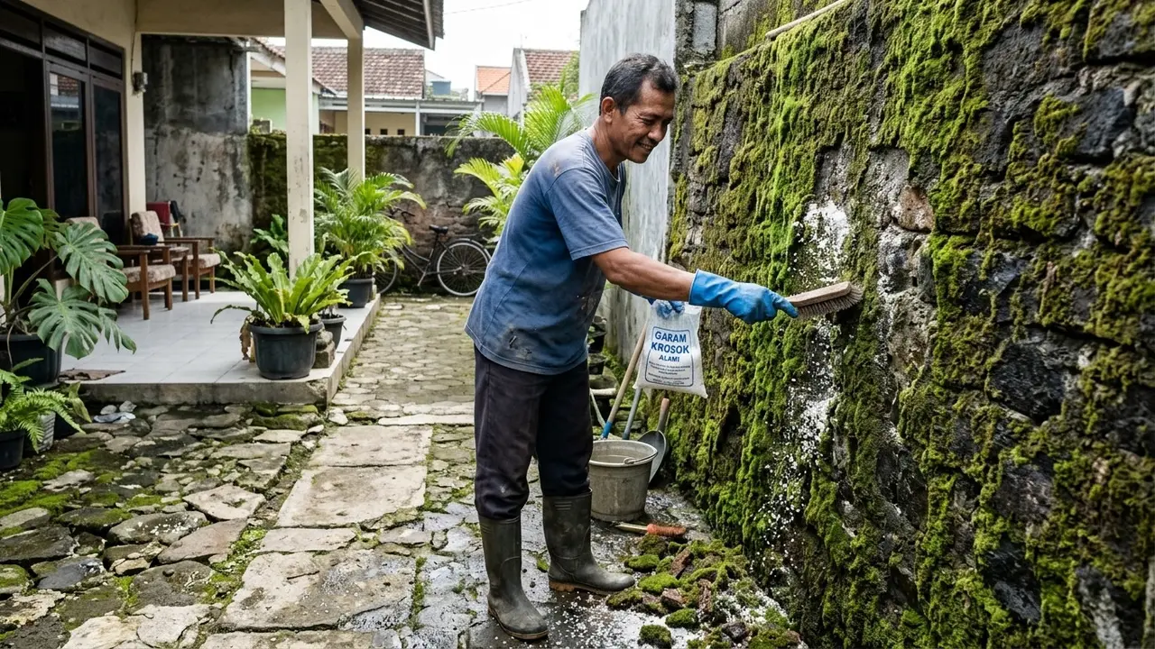 Membersihkan Lumut Tebal dan Licin di Dinding Luar Rumah Pakai Garam Krosok (AI Generated)