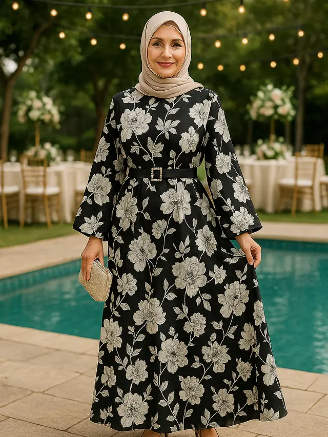 Gamis Abaya Motif Bunga untuk Kondangan Ibu-ibu Usia 50 Tahunan