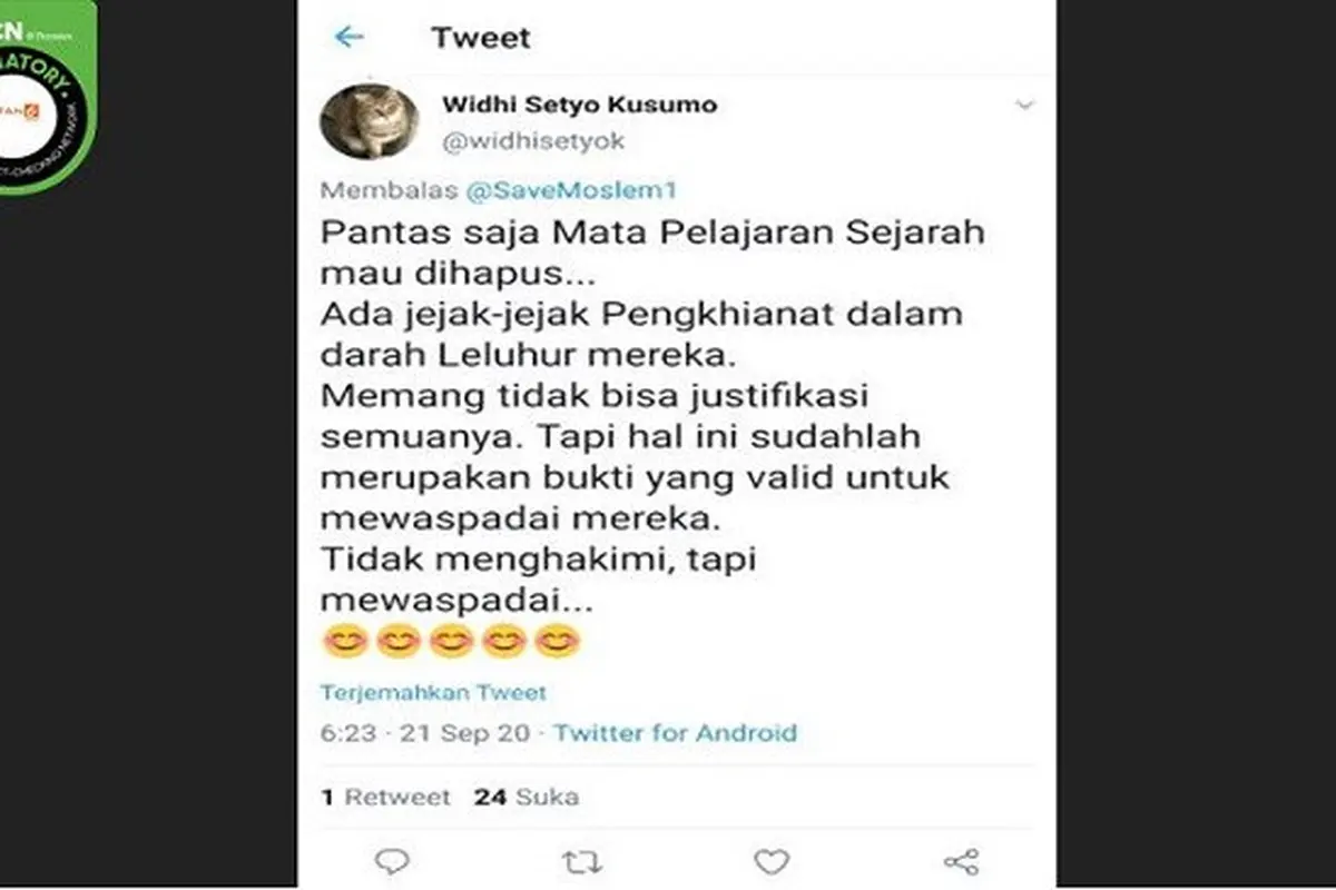 Gambar Tangkapan Layar Kabar tentang Pelajaran Sejarah akan Dihapus (sumber: Twitter)