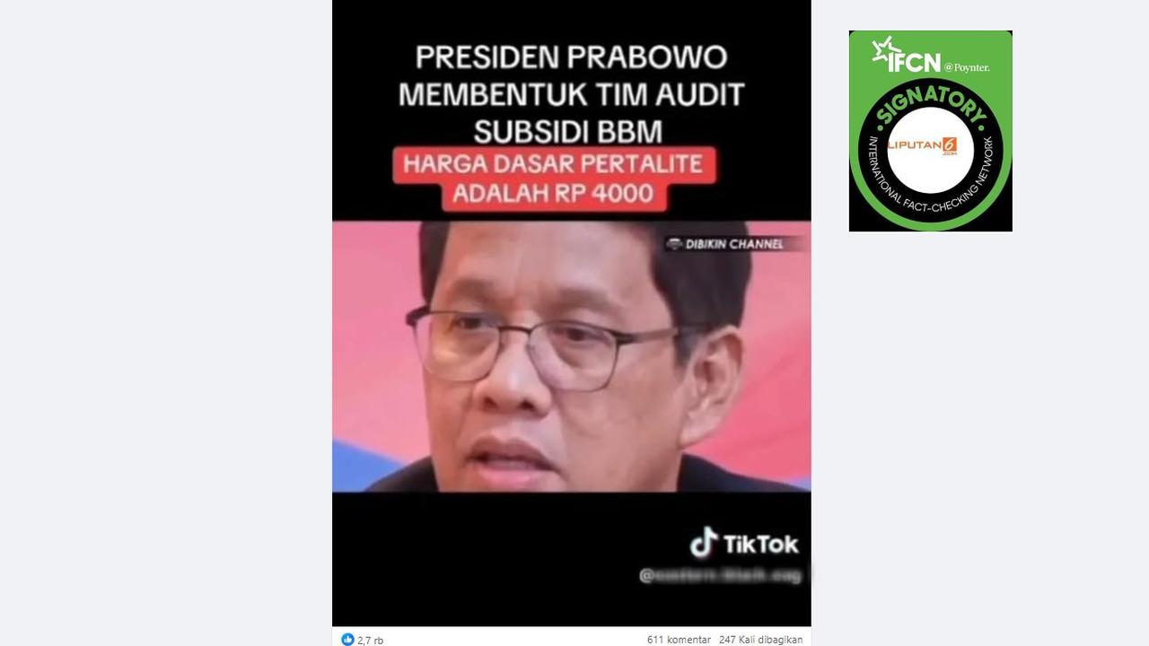 Tangkapan layar klaim Menteri Keuangan Purbaya Yudhi Sadewa menyatakan harga pertalite sebenarnya hanya Rp 4.000 per liter yang beredar di Facebook.
