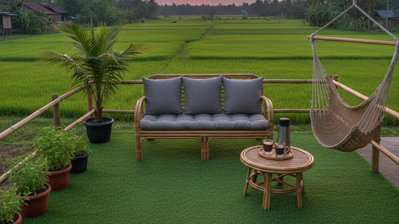 Teras Rumah Nyaman untuk Ngopi dengan View Kebun Hijau. AI