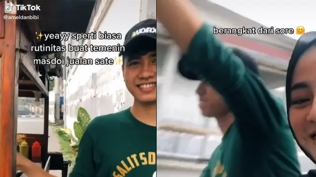 gadis cantik bantu pacar jualan sate