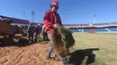 Seorang suporter membawa rumput saat menyelesaikan pembangunan stadion baru di Asuncion, Paraguay (22/6). Pembangunan stadion memiliki nilai proyek USD 15 juta atau Rp 199 miliar tersebut. (AFP Photo/Norberto Duarte)