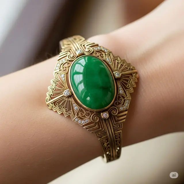 Gelang Giok Vintage Art Deco dengan Filigree Emas