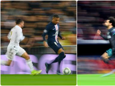 Pemain Paris Saint-Germain, Kylian Mbappe, dinobatkan sebagai pemain tercepat di dunia. Kecepatan Mbappe menjadi keunggulan yang membuatnya dianggap sebagai salah satu striker top Eropa. Berikut Kylian Mbappe dan 6 pemain tercepat di dunia. (kolase foto AFP)