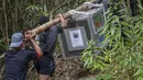 Tim konservasi bersama warga setempat membawa kandang transportasi berisi orangutan yang telah menjalani rehabilitasi di dekat Desa Batu Lapis, Kabupaten Ketapang, Kalimantan Barat, Kamis (29/10/2026). Sebanyak sembilan orangutan berhasil diselamatkan dari kebakaran hutan yang melanda habitat mereka di wilayah Ketapang pada Agustus dan September 2026. Setelah menjalani proses rehabilitasi, orangutan tersebut secara bertahap dilepasliarkan kembali ke habitat alaminya. Salah satunya adalah seekor induk orangutan bersama anaknya yang langsung memanjat pepohonan dan menghilang di antara rimbunnya kanopi hutan setelah kandang dibuka. (Ilham Pratama/AFP)