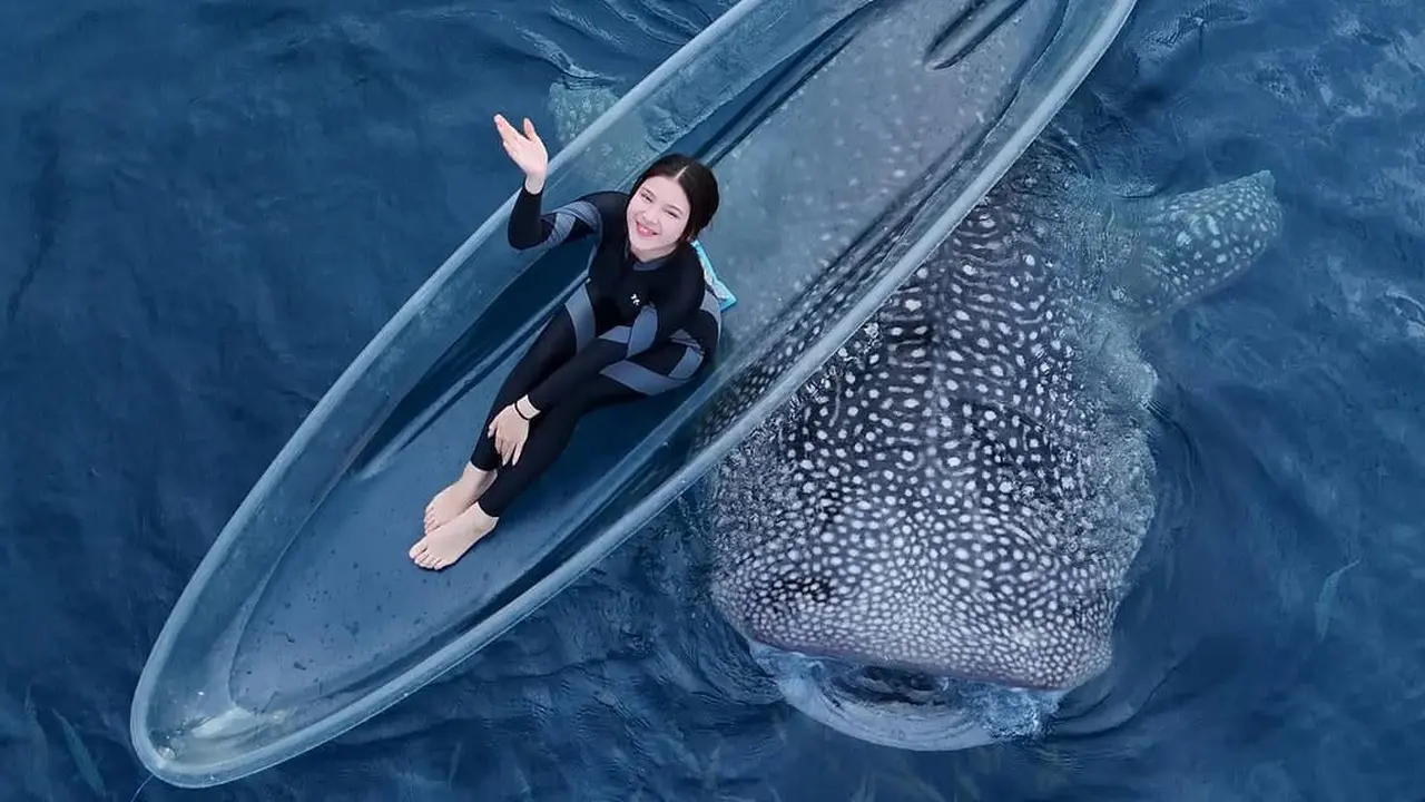 Potret Tiara Andini Berenang Bareng 2 Hiu Paus di Gorontalo. (instagram/tiaraandini)