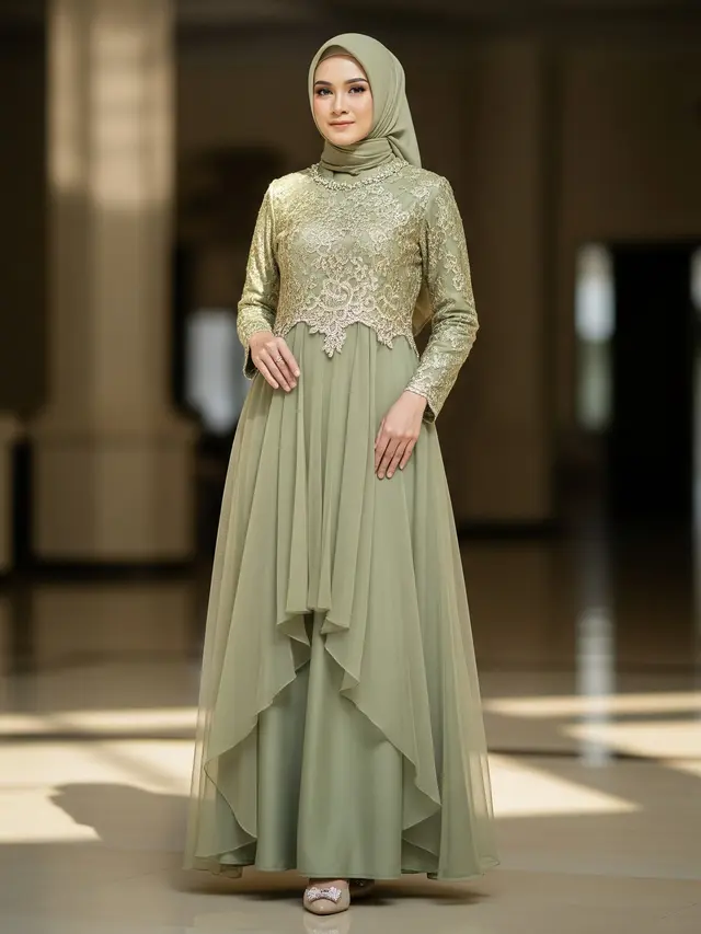 Model Gamis Brokat Dada Simple tapi Mewah