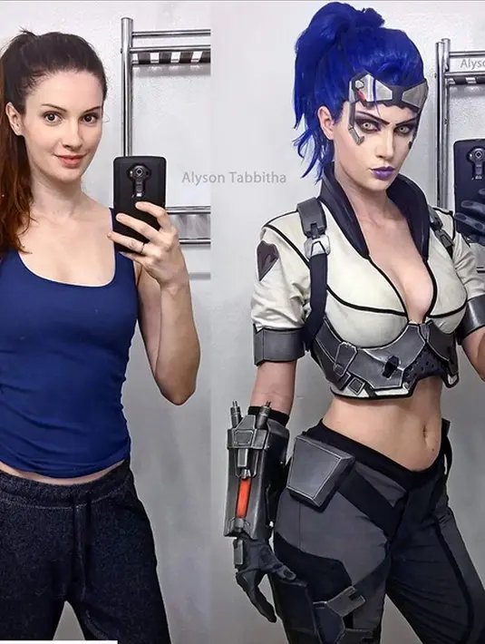 Penampilan AlysonTabbitha sebelum dan sesudah mengenakan kostum dan make up cosplay Widowmaker. Cosplay yang dikerjakan sekitar 1 minggu sempat membuat Alyson stress karena ada ornamen yang tidak sengaja robek. (Instagram / AlysonTabbitha)