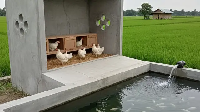 Desain Kandang Ayam di Atas Kolam, AI