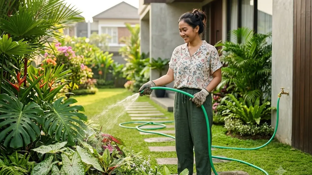 Tempat penyimpanan selang air agar halaman tetap rapi