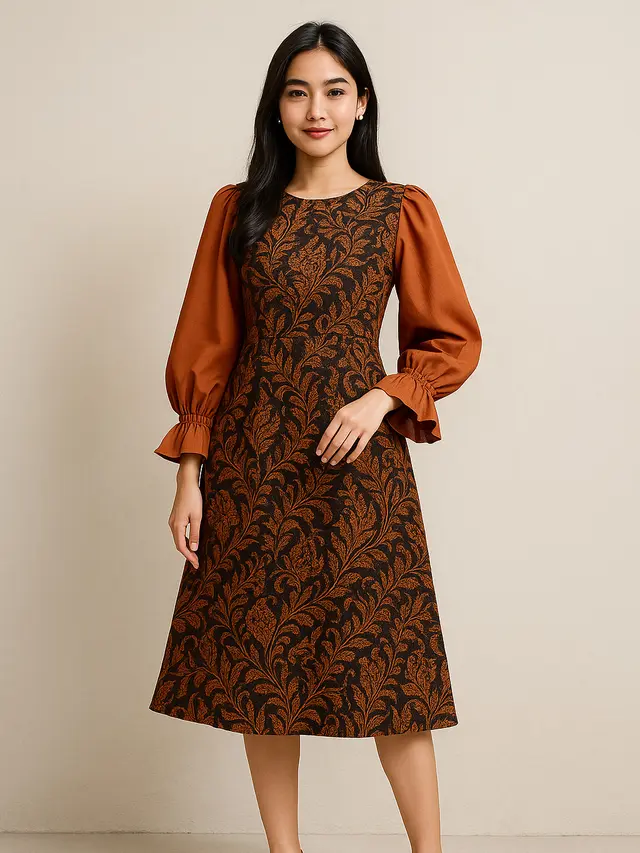 Model Dress Batik Lengan Balon Two Tone Kekinian