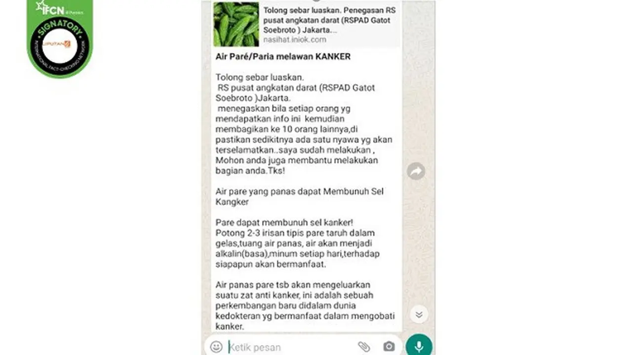 Gambar Tangkapan Layar Klaim Air Rebusan Pare Dapat Membunuh Sel Kanker (sumber: WhatsApp)