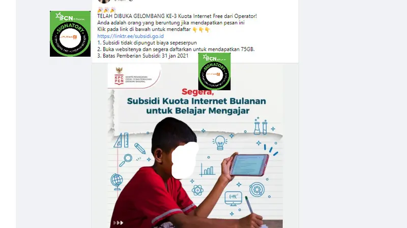 Cek Fakta Liputan6.com menelusuri informasi KPC-PEN membuka gelombang ke-3 subsidi kuota internet 75 GB