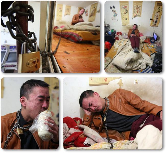 Zhang merantai dirinya sendiri agar ia terbebas dari kecanduan miras | Photo: Copyright shanghaiist.com 