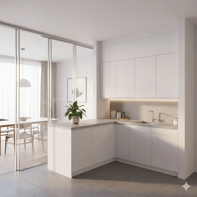 Desain Dapur Rumah Type 36 Ukuran 2x2 Meter dengan Partisi Kaca Geser ke Ruang Makan by Gemini