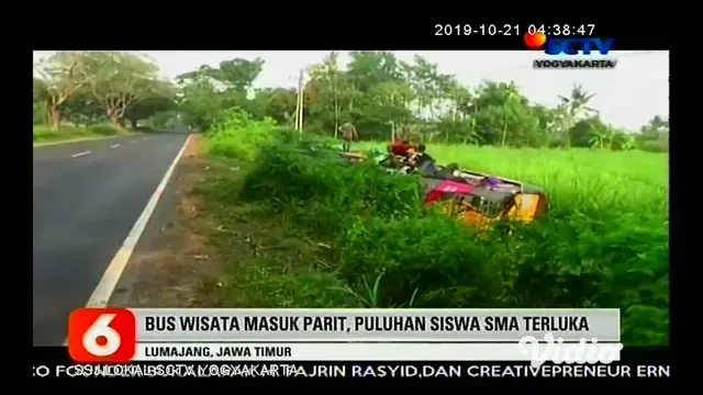 Bus pariwisata yang membawa rombongan siswa SMA Negeri 2 Genteng, Kabupaten Banyuwangi, mengalami kecelakaan tunggal dan terguling di Desa Sukosari, Kabupaten Lumajang, Jawa Timur.
