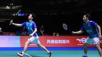 Aksi ganda putra Indonesia, Kevin Sanjaya Sukamuljo/Marcus Fernaldi Gideon pada Kejuaraan Dunia Bulutangkis 2022 di Tokyo, Jepang, Rabu (24/8/2022). (PBSI)