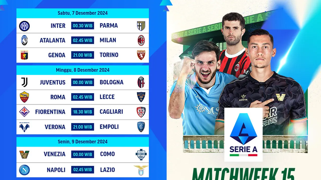 Jadwal Pertandingan Liga Italia 2024/25 Matchweek 15 di Vidio