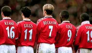 David Beckham (nomor tujuh) saat masih berseragam Manchester United). Dari kiri ke kanan: Roy Keane, Ryan Giggs, David Beckham, Andy Cole, Dwight Yorke. (Squawka). 