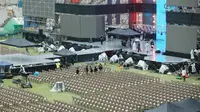 Suasana gladi resik konser penutupan Jambore Pramuka Dunia 2023 yang akan menampilkan deretan bintang K-pop termasuk NCT hingga New Jeans di Seoul World Cup Stadium, Korea Selatan. (Twitter/@newtannies)
