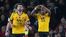 Gelandang Wolverhampton, Ivan Cavaleiro berhasil mencetak gol ke gawang Arsenal pada laga lanjutan Premier League, yang berlangsung Minggu (11/11) di stadion Emirates. Arsenal ditahan imbang Wolverhampton 1-1. (AFP/Daniel Olivas)