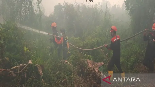 Petugas berjibaku memadamkan api dekat perumahan kawasan perumahan dekat kawasan Bandara Internasional Syamsudin Noor. (Foto Antara).