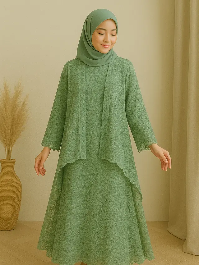 Gamis Brokat Islami Warna Sage dengan Outer Modern