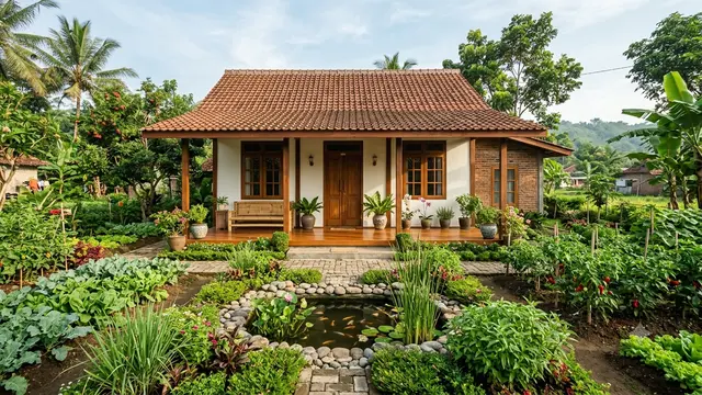 Inspirasi Rumah Desa dengan Kebun Sayur Mengelilingi Halaman. Gemini