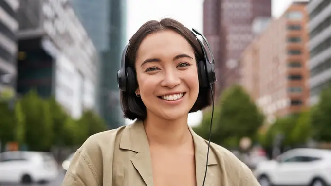 tersenyum santai mendengarkan musik