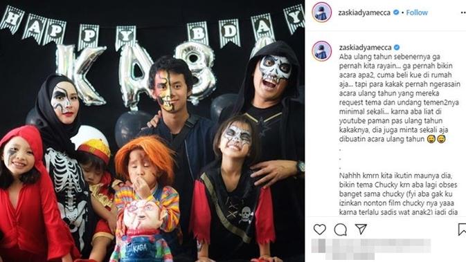 Keluarga Hanung Bramantyo dan Zaskia Adya Mecca rayakan ulang tahun anak dengan konsep horor. (Sumber: Instagram/@zaskiadyamecca)