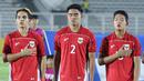 Bek Timnas Indonesia U-22, Muhammad Ferrari, melakukan sikap sempurna saat menyanyikan lagu Indonesia Raya pada Laga uji coba melawan India di Stadion Madya, Jakarta, Jumat (10/10/2025). (Bola.com/M Iqbal Ichsan)