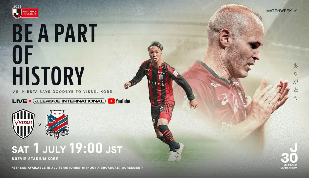 Pertarungan Vissel Kobe kontra Hokkaido Consadole Sapporo akan disiarkan langsung secara gratis di channel YouTube J.League International pada Sabtu (1/7/2023) mulai pukul 17.00 WIB, jangan sampai terlewat! (Dok. J League)